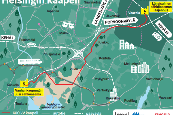 Uusi kantaverkkoyhteys tulee valmistuessaan kulkemaan Vantaan Länsisalmen sähköasemalta Helsingin Viikinrannan energiakortteliin, uudelle Vanhankaupungin sähköasemalle. Kuva Fingrid oyj.