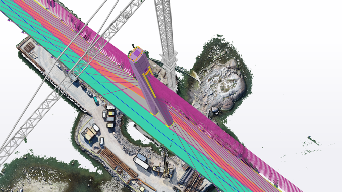 Tekla BIM Awards Suomi 2024 -kilpailun voittaneen Kruunuvuorensillan tietomallista otettu kuva havainnollistaa todellisuuden ja suunnitelma-aineiston yhteensovitusta rakentamisessa. Kuva: Kreate oy.